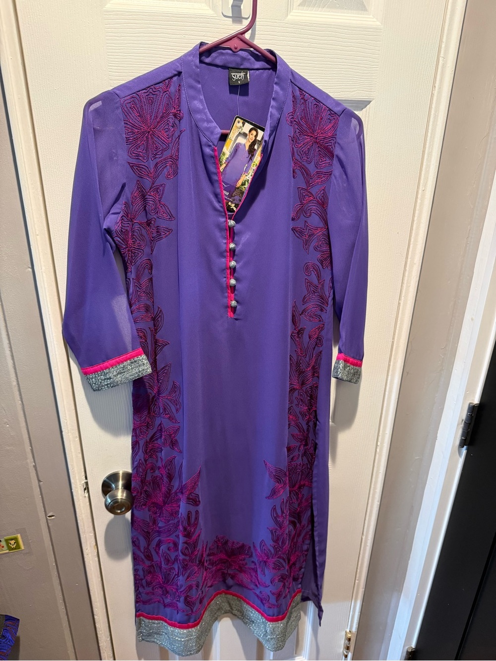 Purple Long Sleeve Embroidered Dress